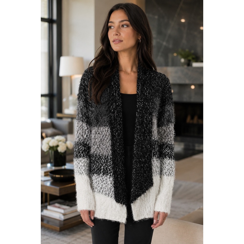 Cupio Open Front Fuzzy Colorblock Cardigan Sweater‎ Black Gray White Small